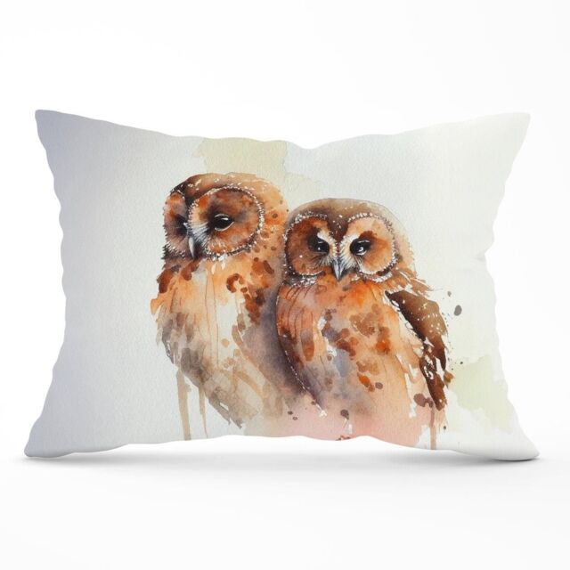 Warren Reed - Designer Loving Tawny Owls Watercolour Cushions in Brown - Size: 60 cm x 60 cm - image 1