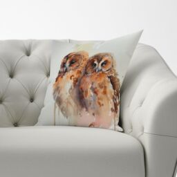 Warren Reed - Designer Loving Tawny Owls Watercolour Cushions in Brown - Size: 60 cm x 60 cm - thumbnail 3