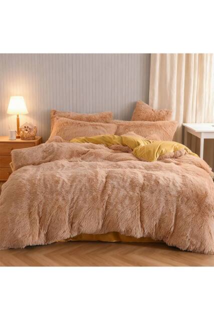 Living and Home 3Pcs Soft Skin-friendly Faux Mink Fleece Duvet Set in Camel - Size: King - image 1