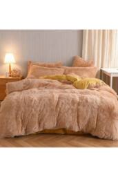 Living and Home 3Pcs Soft Skin-friendly Faux Mink Fleece Duvet Set in Camel - Size: King