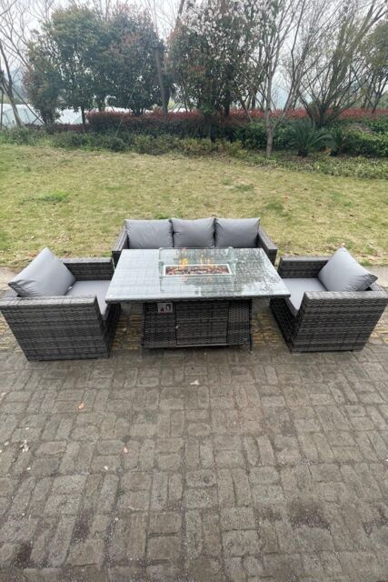 Fimous 5 Seater Outdoor PE Rattan Garden Furniture Gas Fire Pit Dining Table Lounge Sofa 2 PC Armchairs in Dark Grey - image 1