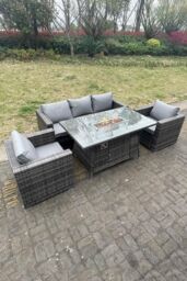 Fimous 5 Seater Outdoor PE Rattan Garden Furniture Gas Fire Pit Dining Table Lounge Sofa 2 PC Armchairs in Dark Grey - thumbnail 3