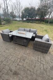 Fimous 5 Seater Outdoor PE Rattan Garden Furniture Gas Fire Pit Dining Table Lounge Sofa 2 PC Armchairs in Dark Grey - thumbnail 4