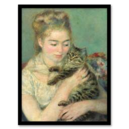 Artery8 Pierre Auguste Renoir Framed Wall Art Print Woman with a Cat in Green - Size: A4 - thumbnail 1