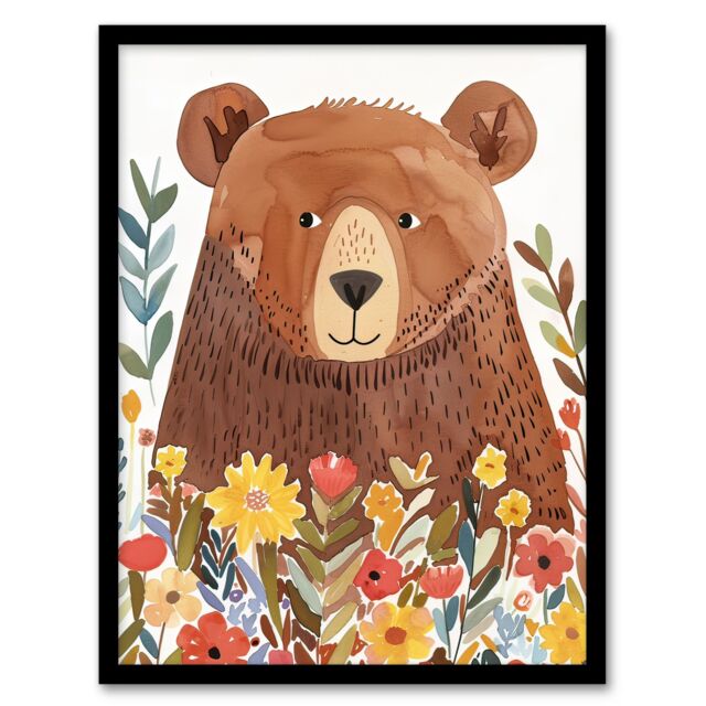 "Artery8 Happy Brown Bear in Wildflower Patch Watercolour Framed Wall Art - Size: W12"" x H16""" - image 1