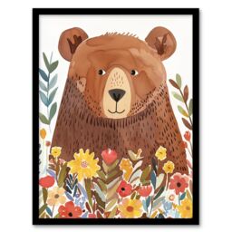 "Artery8 Happy Brown Bear in Wildflower Patch Watercolour Framed Wall Art - Size: W12"" x H16""" - thumbnail 1