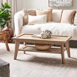 Wyld and Coco Rustic 100 x 50 cm Coffee Table - Engineered Wood with Rattan Shelf in Brown - thumbnail 1