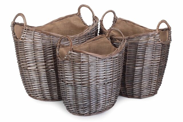 Red Hamper Wicker Set of 3 Scoop Neck Antique Wash Hessian Lined Log Basket in Brown - image 1