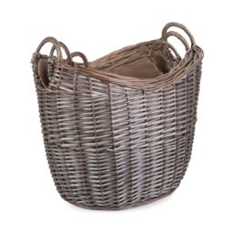 Red Hamper Wicker Set of 3 Scoop Neck Antique Wash Hessian Lined Log Basket in Brown - thumbnail 2
