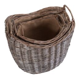 Red Hamper Wicker Set of 3 Scoop Neck Antique Wash Hessian Lined Log Basket in Brown - thumbnail 4