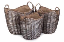 Red Hamper Wicker Set of 3 Scoop Neck Antique Wash Hessian Lined Log Basket in Brown