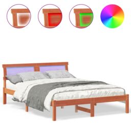 Berkfield Home Bed Frame with LED Headboard in Wax Brown, 120 x 190 cm, Solid Pine Wood in Brown - Size: 120 x 190 cm - thumbnail 4