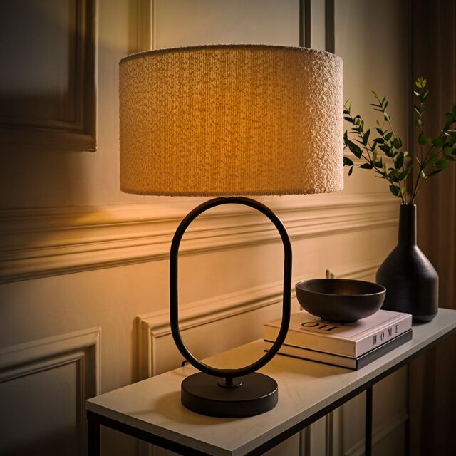 ValueLights Antonia Cream Boucle Drum Shade Matte Black Oval Table Lamp with Bulb - image 1