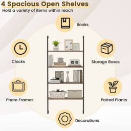 Costway 4-Tier Wall-Mounted Bookshelf Floating Display Shelves Wooden Bookcase in Brown - thumbnail 6