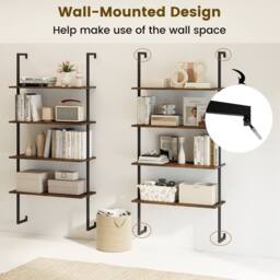 Costway 4-Tier Wall-Mounted Bookshelf Floating Display Shelves Wooden Bookcase in Brown - thumbnail 5