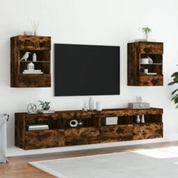 Berkfield Home TV Wall Cabinet with LED Lights Smoked Oak 40x30x60.5 cm in Brown - thumbnail 6
