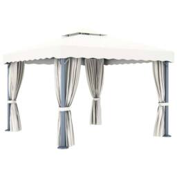 Berkfield Home Gazebo with Curtain&LED String Lights 3x3 m Cream White in Beige - thumbnail 4