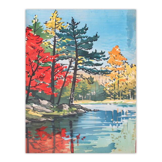 "Artery8 Lake Forest Colourful Trees Japanese Woodblock Wall Art Print - Size: W24"" x H32""" - image 1