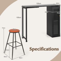Gymax Swivel Top Bar Table & Chairs Set of 3 Dining Table Set With Cabinet in Black - thumbnail 2