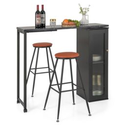 Gymax Swivel Top Bar Table & Chairs Set of 3 Dining Table Set With Cabinet in Black