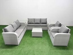 Fimous PE Rattan High Back Lounge Sofa Set Patio Square Coffee Table & Chairs Set with 3 Seater Sofa Reclining Chair Side Table Light Grey - thumbnail 2
