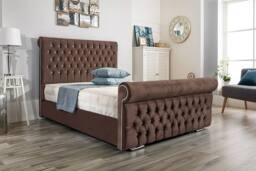 UK Bed Furniture Faye Slatted Base Upholstered Bed with 48 Inch Headboard in Brown - Size: Single - thumbnail 1
