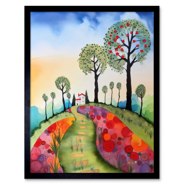 "Artery8 Wall Art Print Countryside House Path With Flowerbeds Folk Art Landscape Watercolour Painting Art Framed in Black - Size: W12"" x H16""" - image 1