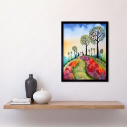 "Artery8 Wall Art Print Countryside House Path With Flowerbeds Folk Art Landscape Watercolour Painting Art Framed in Black - Size: W12"" x H16""" - thumbnail 2