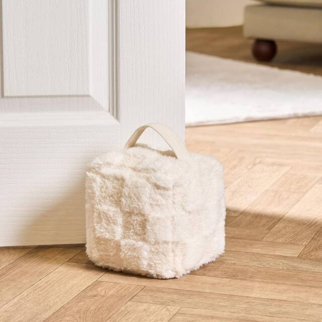 OHS Checkerboard Weighted Fluffy Fleece Decorative Doorstop in Cream - image 1