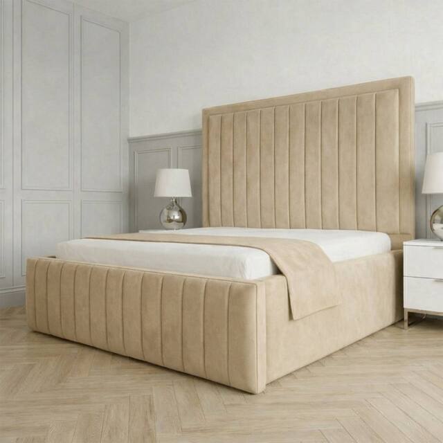 Living Comfort Bedz Sovereign Plush Velvet Upholstered Bed Slatted Base - 48Inch Headboard in Beige - Size: Super King - image 1