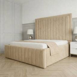 Living Comfort Bedz Sovereign Plush Velvet Upholstered Bed Slatted Base - 48Inch Headboard in Beige - Size: Super King - thumbnail 1