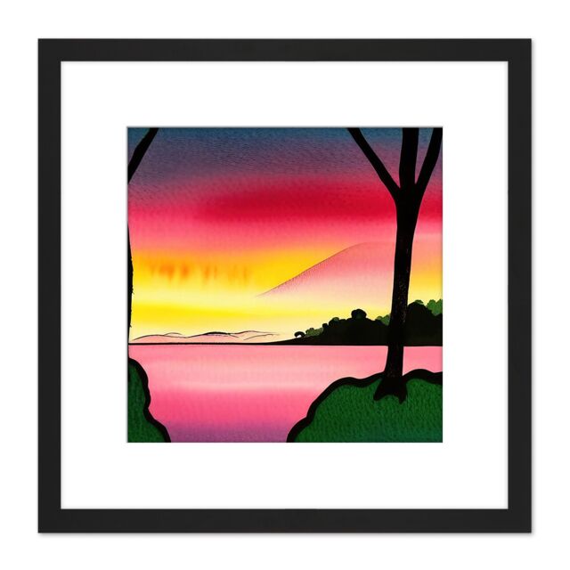 Artery8 Lakeside Sunset Lake Landscape Black Ink & Watercolour Illustration Square Wooden Framed Wall Art Print Picture 8X8 Inch - image 1