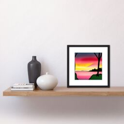Artery8 Lakeside Sunset Lake Landscape Black Ink & Watercolour Illustration Square Wooden Framed Wall Art Print Picture 8X8 Inch - thumbnail 2