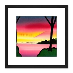 Artery8 Lakeside Sunset Lake Landscape Black Ink & Watercolour Illustration Square Wooden Framed Wall Art Print Picture 8X8 Inch - thumbnail 1