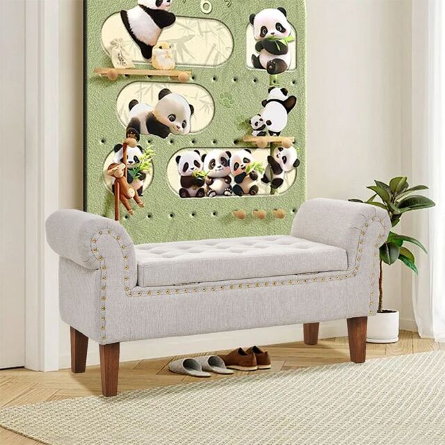 Living and Home Beige Linen Upholstered Storage Bench - image 1