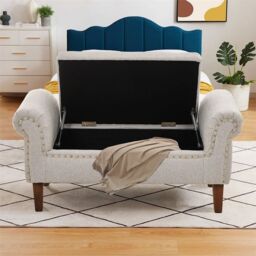 Living and Home Beige Linen Upholstered Storage Bench - thumbnail 3