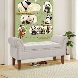 Living and Home Beige Linen Upholstered Storage Bench - thumbnail 1