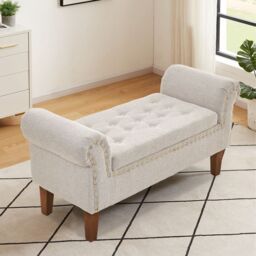 Living and Home Beige Linen Upholstered Storage Bench - thumbnail 2