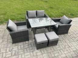 Fimous 6 Seater Outdoor Garden Furniture High Back Rattan Sofa Dining Table Set with 2 Small Footstools Dark Grey Mixed - thumbnail 2
