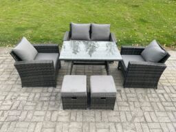 Fimous 6 Seater Outdoor Garden Furniture High Back Rattan Sofa Dining Table Set with 2 Small Footstools Dark Grey Mixed - thumbnail 1