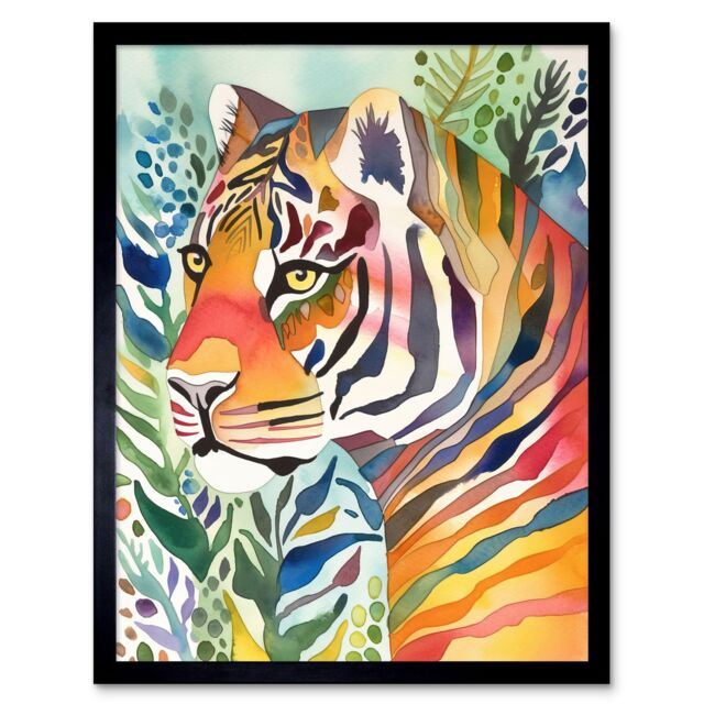 "Artery8 Wall Art Print The Hidden Tiger Folk Art Framed in Black - Size: W12"" x H16""" - image 1