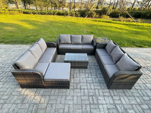 Fimous Rattan Lounge Sofa Set Outdoor Garden Furniture Set with Rectangular Coffee Table 3 Seater Sofa Big Footstool Side Table in Dark Grey - image 1