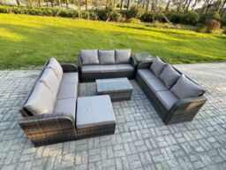 Fimous Rattan Lounge Sofa Set Outdoor Garden Furniture Set with Rectangular Coffee Table 3 Seater Sofa Big Footstool Side Table in Dark Grey - thumbnail 2