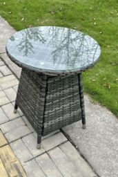 Fimous Small Round PE Rattan Dining Table With Clear Tempered Glass in Dark Grey