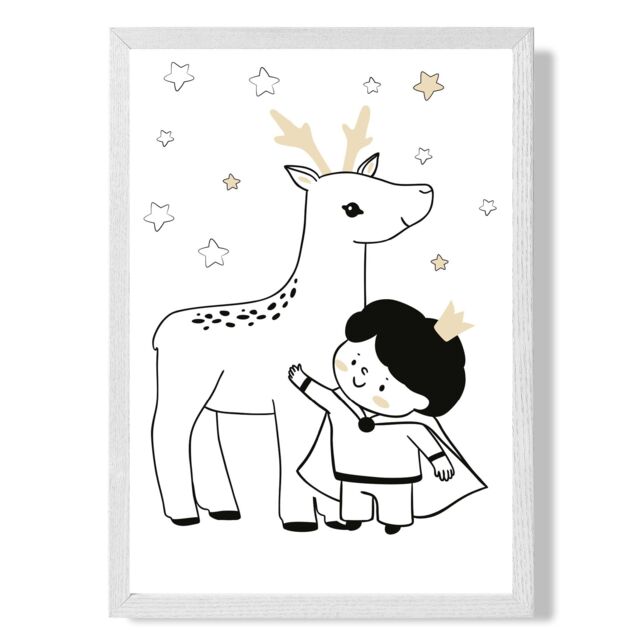 ARTZE Scandi Prince Little Boy with Reindeer Framed Print SIZE: A3 with White Frame in Black - Size: A4 - image 1