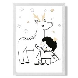 ARTZE Scandi Prince Little Boy with Reindeer Framed Print SIZE: A3 with White Frame in Black - Size: A4 - thumbnail 1
