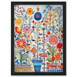 Artery8 Garden Flowers Folk Art Watercolour Painting Artwork Framed Wall Art Print A4 in Black - thumbnail 1
