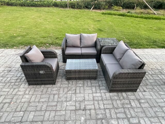 Fimous High Back Rattan Garden Furniture Set w/ Loveseat Sofa Rectangular Coffee Table Side Table Indoor Outdoor Patio Lounge Sofa Set Dark Grey Mixed - image 1