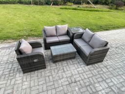 Fimous High Back Rattan Garden Furniture Set w/ Loveseat Sofa Rectangular Coffee Table Side Table Indoor Outdoor Patio Lounge Sofa Set Dark Grey Mixed - thumbnail 2