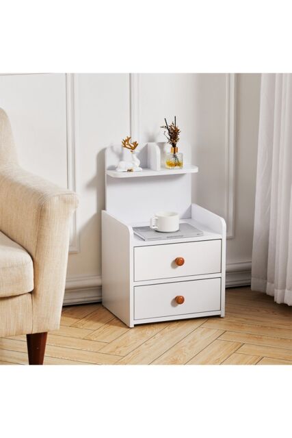Living and Home Wooden 2-Drawers Bedside Table Nightstand with a Shelf in White - image 1